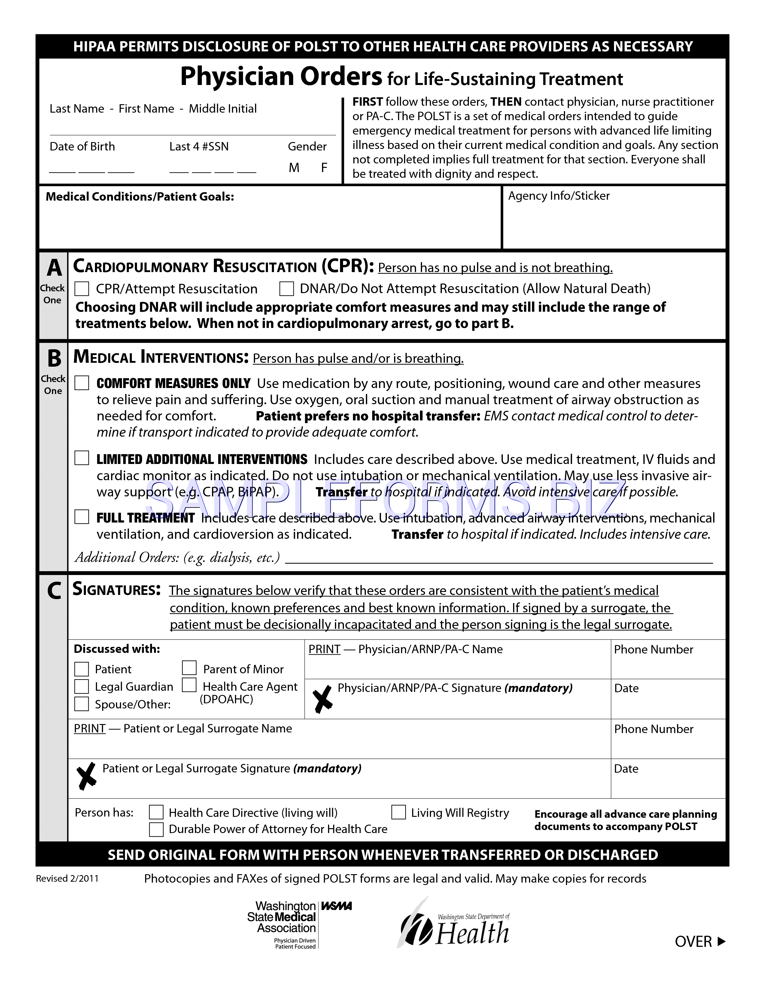 Preview free downloadable Washington POLST Form in PDF (page 1)